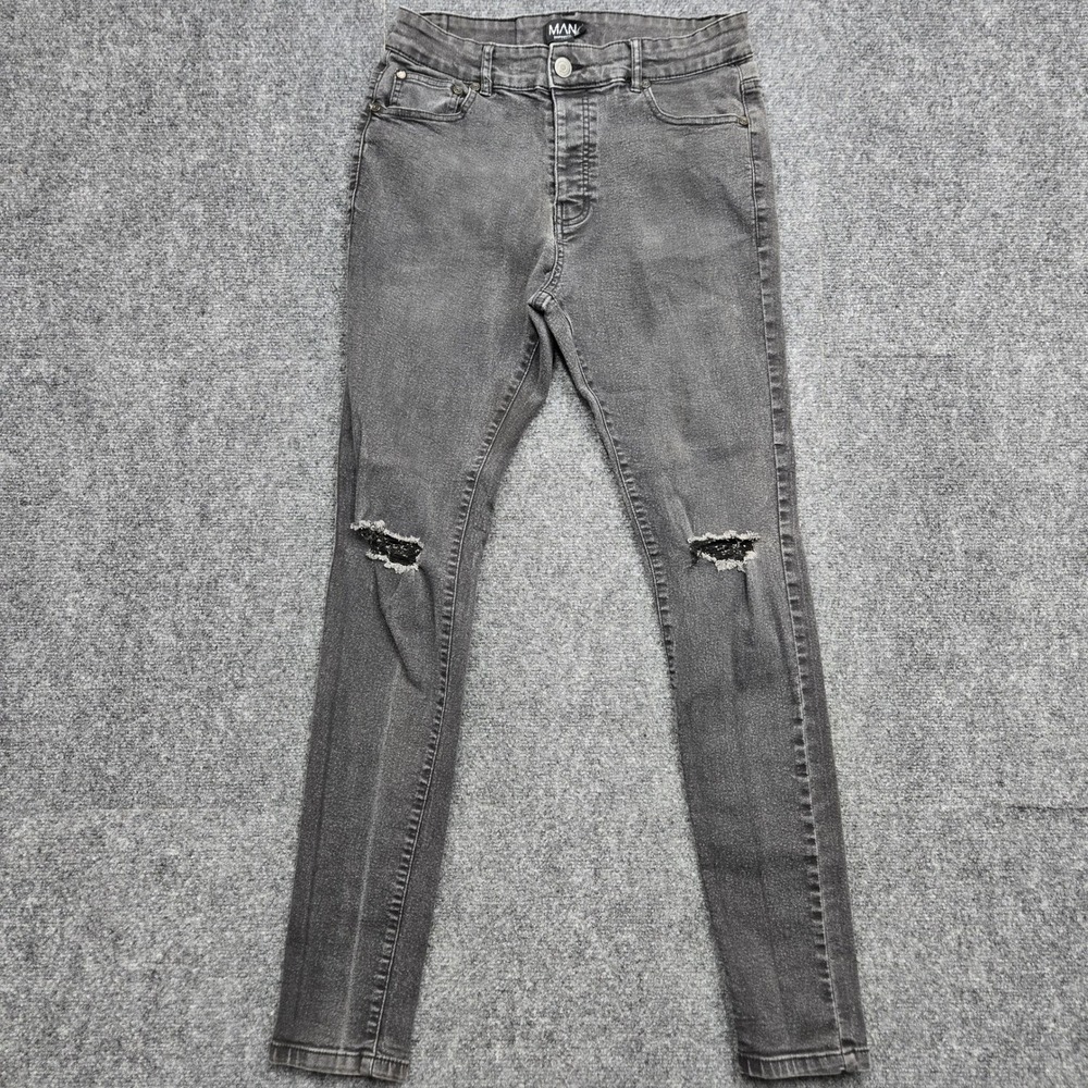 BoohooMAN Mens Size 34L 30x31 Skinny Distressed Ripped Jeans Grey Washed Denim